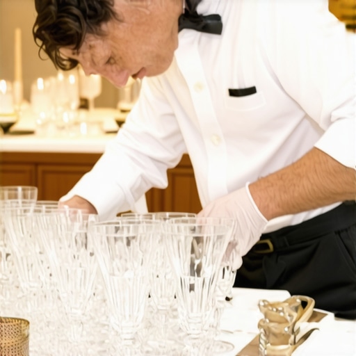A catering server systematically clearing glassware from a wedding reception table to prepare for dancing