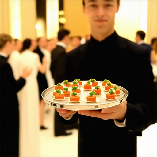 A server balancing an appetizer tray at a corporate gala showing professional catering standards.