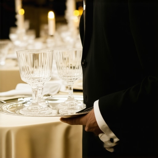 A highly trained professional server gracefully navigating a sophisticated dining room with a tray of glassware.