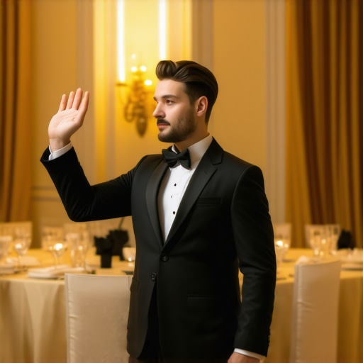 A lead server directing a catering team in a high-end corporate ballroom setting.