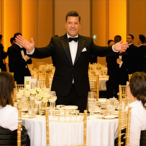 A server captain directing a team at a high-end corporate gala