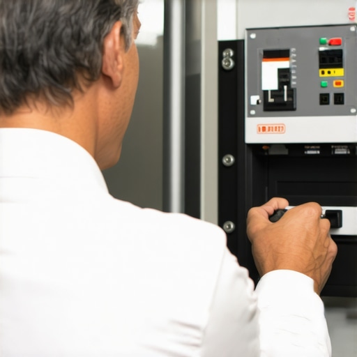 A server checking power sources at a high-end wedding venue to prevent electrical failure during catering.