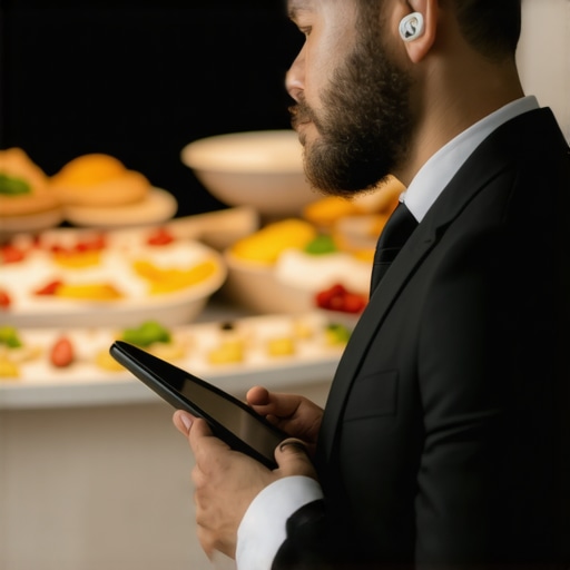 A catering lead using an earpiece and tablet to manage event flow and food service efficiency.