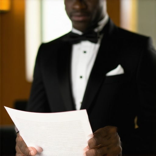 Professional Server Lead Reviewing Event Logistics A lead server checking the event script to coordinate catering service with the event schedule.
