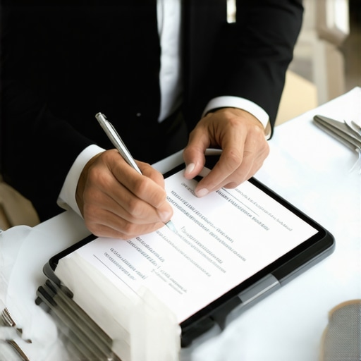 Professional Server Lead Reviewing Event Script A lead server at a corporate event reviewing the production script on a tablet.