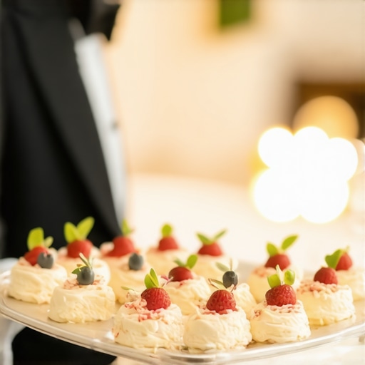 A professional server delivering plated desserts at a luxury wedding reception.