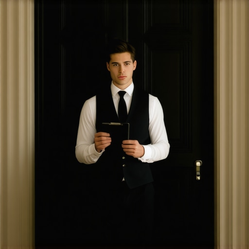 Professional Server Managing Late Guest Entry A lead server quietly managing late arrivals at the back of an event hall to prevent ceremony distractions.