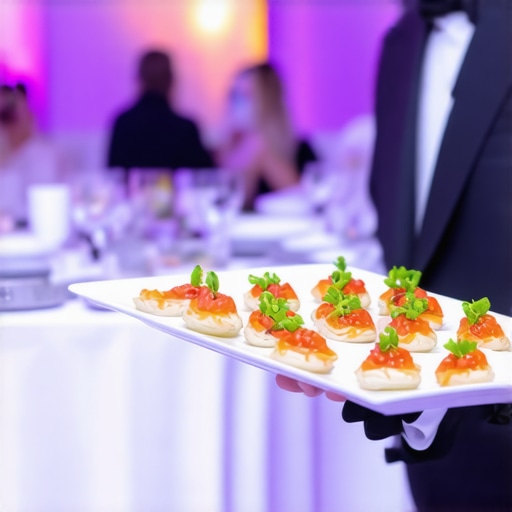 Expert catering server carrying a tray of food at a luxury wedding reception.