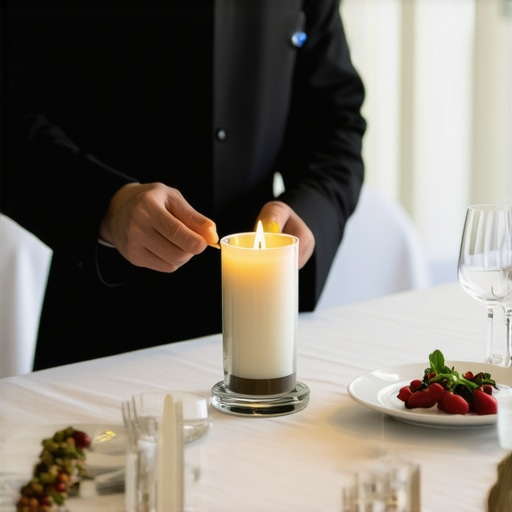 Professional Server Managing Table Atmosphere A server removing a scented candle from a dinner table to ensure the food's aroma remains the priority for guests.