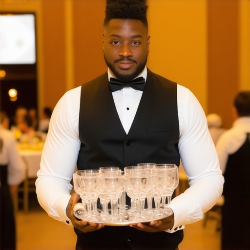 A professional server maintaining safety buffers while serving guests at a high-end corporate event.