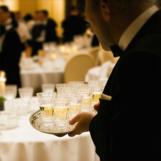 Professional Server Navigating a Luxury Event A professional server carrying a tray of drinks through a crowded high-end ballroom.