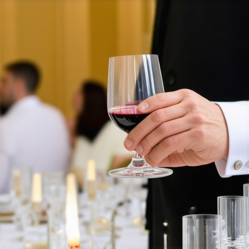 Professional Server Providing Invisible Service A professional server discreetly refilling a glass at a luxury corporate event to maintain event flow.