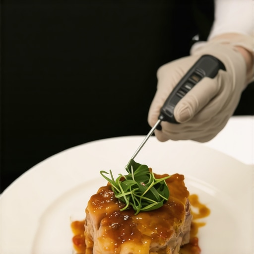 A lead server performing a quality check on a plated meal in a professional catering kitchen.