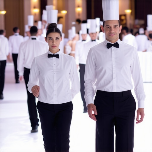 Professional server team coordinating service at a luxury corporate gala.