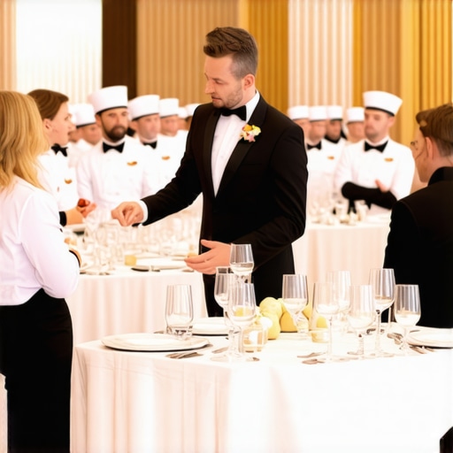Professional Server Team Briefing A catering lead instructing a team of professional servers in a high-end event venue.