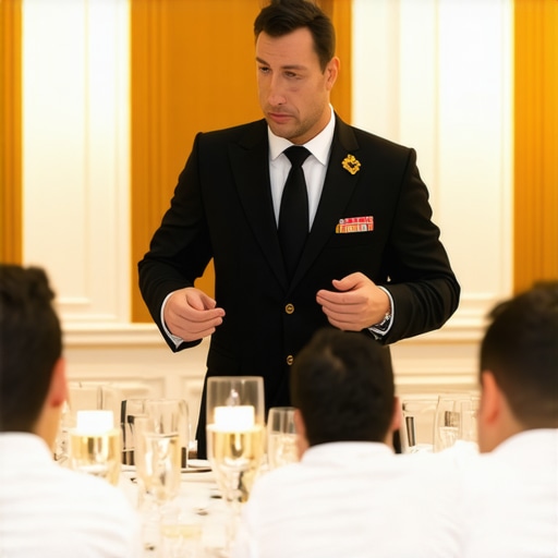Professional Server Team Briefing A lead server coordinating a catering team before a high-end corporate gala.