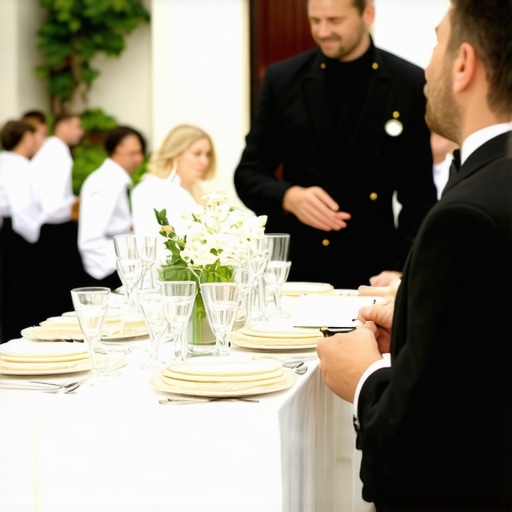Professional Server Team Briefing A catering captain leading a team meeting before a luxury outdoor event.