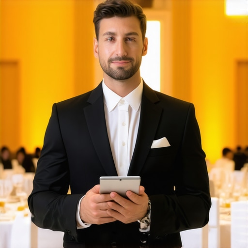 A banquet captain directing professional servers for a corporate event