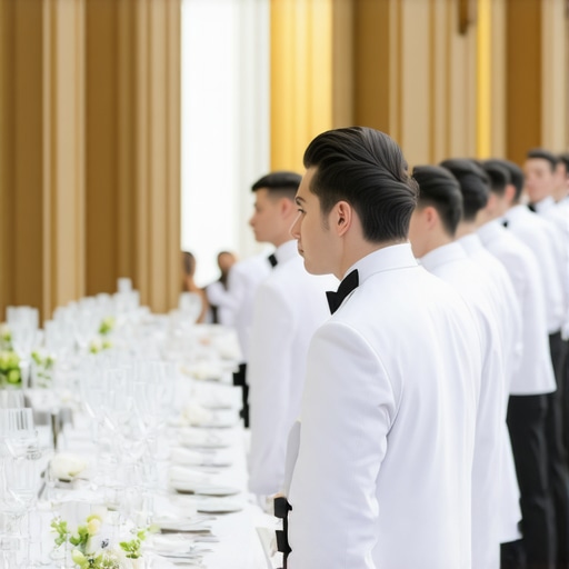 Professional catering servers standing at attention in a high-end ballroom setting.