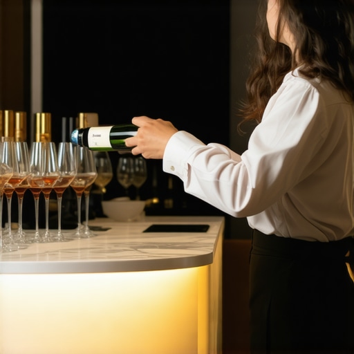 Professional Server at an Elegant Satellite Bar Station A professional server pouring a drink at a late-night satellite bar for a luxury gala.