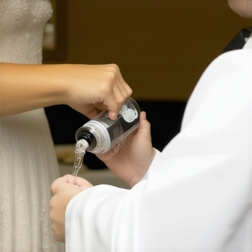 An elegant server in uniform discreetly refilling a guest's water glass at a high-end wedding reception.
