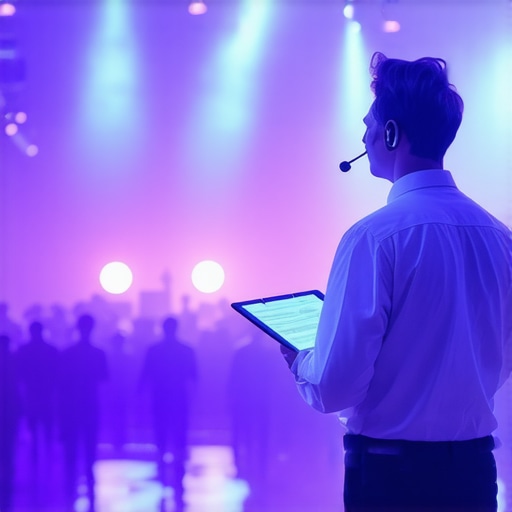 A stage manager overseeing a corporate gala performance with professional lighting and an engaged audience.