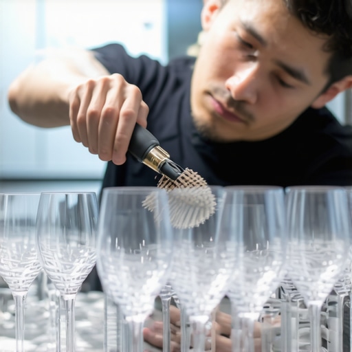 A close up of a high-end steam polisher being used to clean crystal glassware in a catering kitchen.