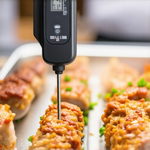 A caterer using a digital thermometer to check food temperature at a corporate event buffet.