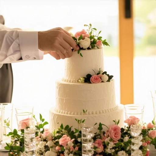 Catering staff setting up a wedding cake in a ballroom