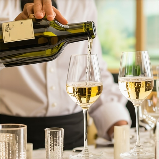 Professional Wine Service Execution A server pouring white wine at a formal event to demonstrate service efficiency.