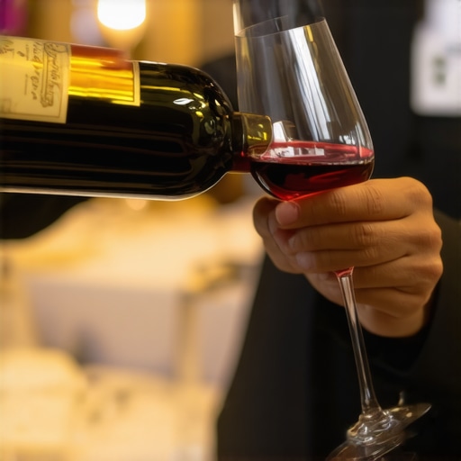 Close-up of a server pouring wine at a high-end event showing professional technique