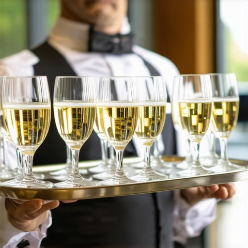 Professional catering server at a corporate gala A professional server carrying a champagne tray at an elegant corporate event.