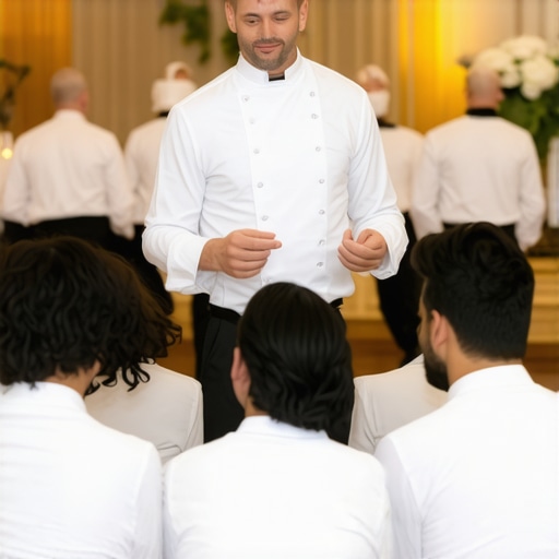 Professional catering team briefing A catering captain giving instructions to staff before a formal event