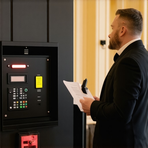 Event manager coordinating with server team near fire control panel