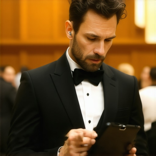 Professional coordination with digital tools An event lead using a tablet and headset for discreet logistics.