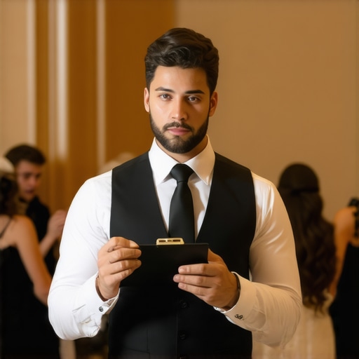 Event coordinator briefing a team of photographers and servers at a wedding venue