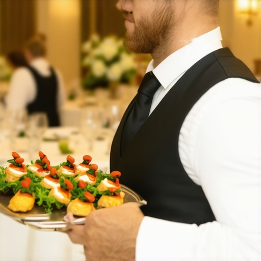 An expert server elegantly managing food service during a high-end event.