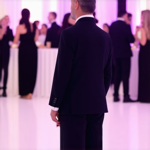 Professional lead server managing a corporate gala floor An expert lead server monitoring guest satisfaction at a high-end corporate event.