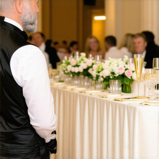 Professional lead server monitoring guest satisfaction at a luxury event A lead server demonstrating high situational awareness at a high-end wedding reception.