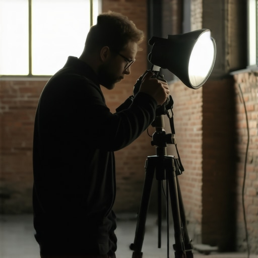 Photographer setting up wireless flash units in a dark industrial venue.