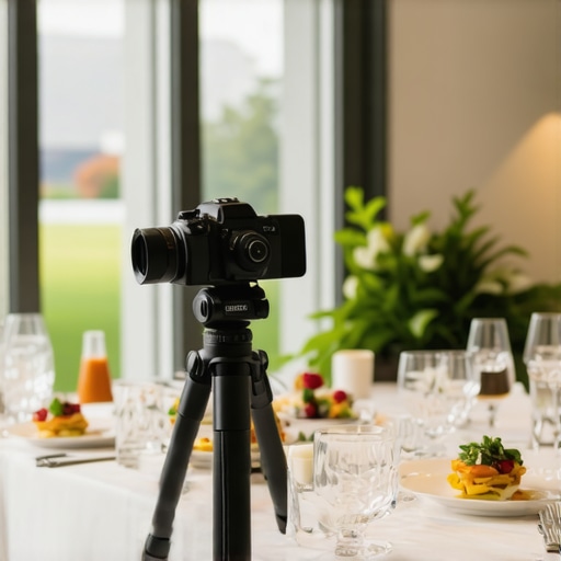 A camera capturing event catering lit by natural light from large windows