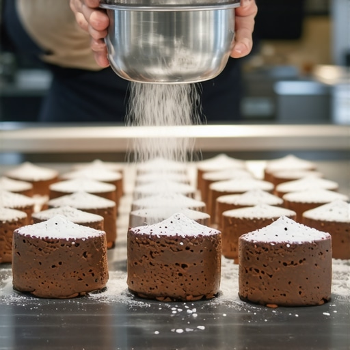 Plated chocolate lava cakes under heating lamps on a professional catering pass