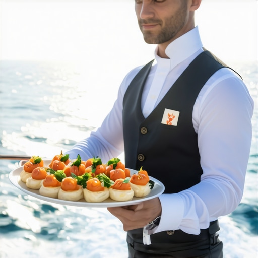 A catering professional serving appetizers on a moving yacht