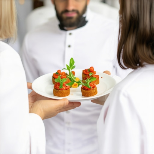 Catering server providing appetizers to corporate event guests