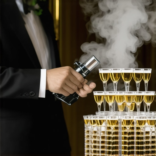 Professional steaming of a champagne tower A server using a handheld steamer on a champagne tower to remove residue and ensure maximum sparkle.