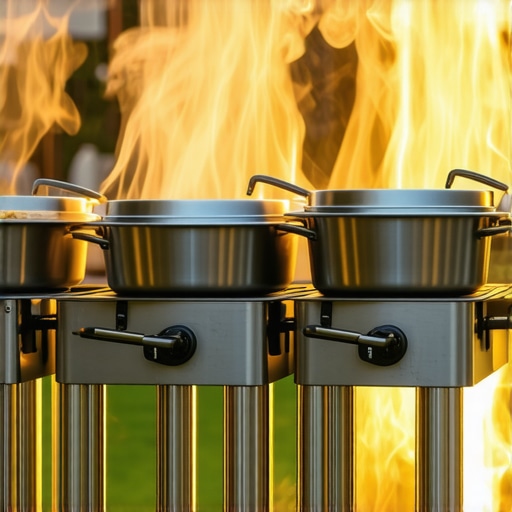Close-up of wind-shielded catering equipment keeping food hot during an outdoor event
