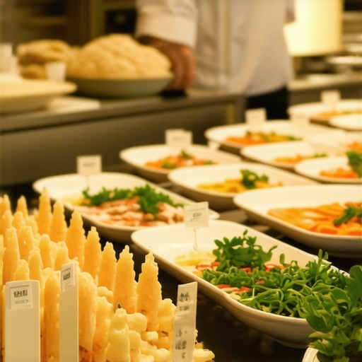 A high-end corporate buffet station with clear labels and professional service staff
