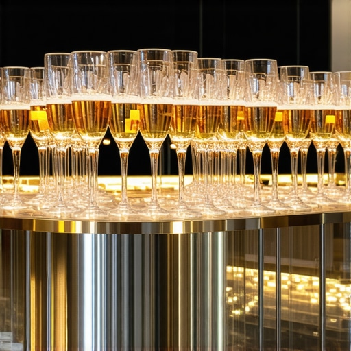 Properly Illuminated Champagne Tower Close-up of a sparkling champagne tower with professional event lighting