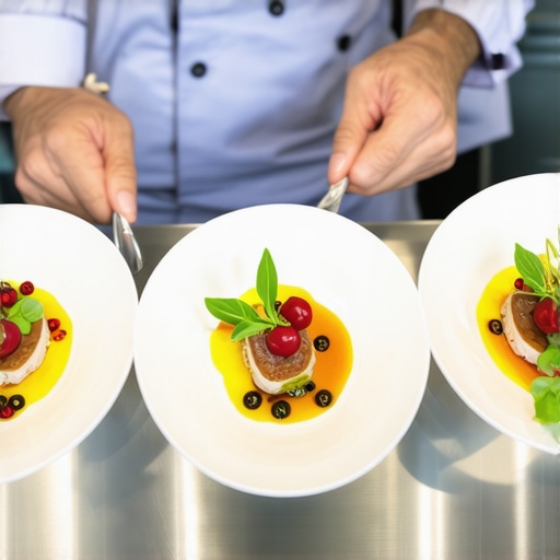 Quality Over Quantity in High-Volume Catering A professional chef carefully plating gourmet meals for a 200-person event.