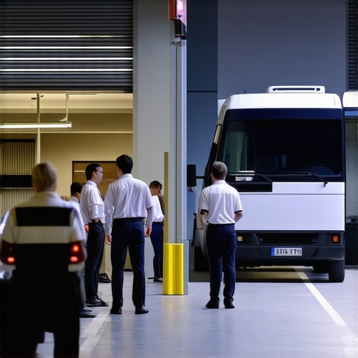 A well-lit venue loading dock showing safe late-night shuttle transportation for catering staff.